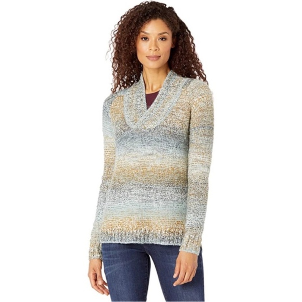 Prana Women's V-Neck Sweater - Blue and Tan